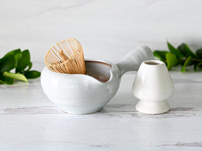 White Spouted Matcha Bowl with Textured Handle Set by Aprika Life