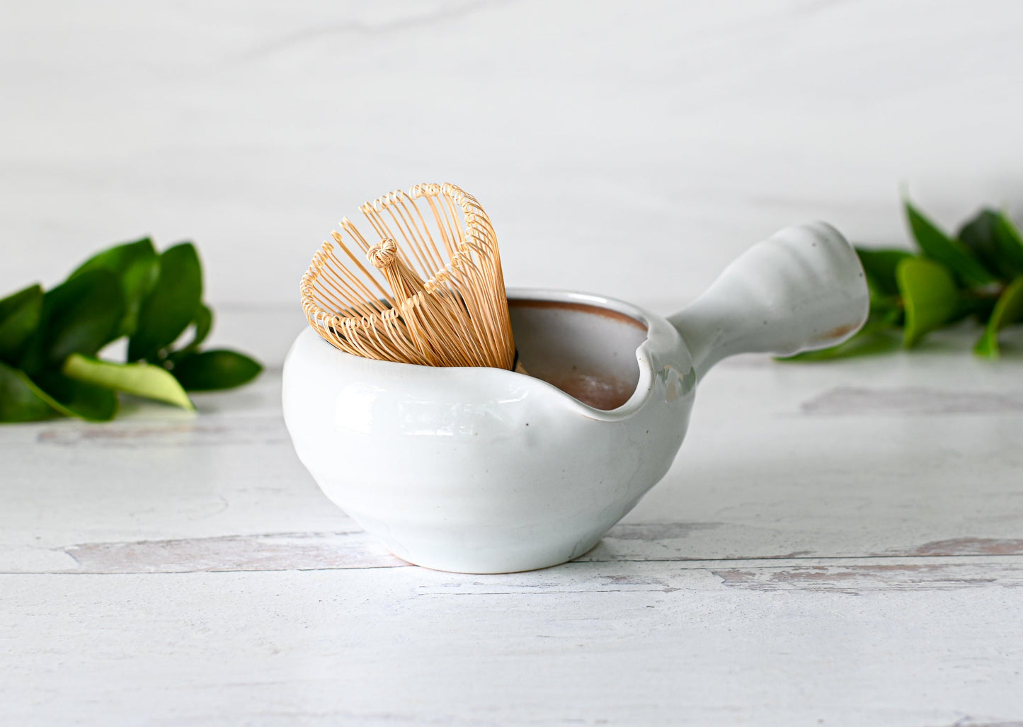 White Spouted Matcha Bowl with Textured Handle Set by Aprika Life