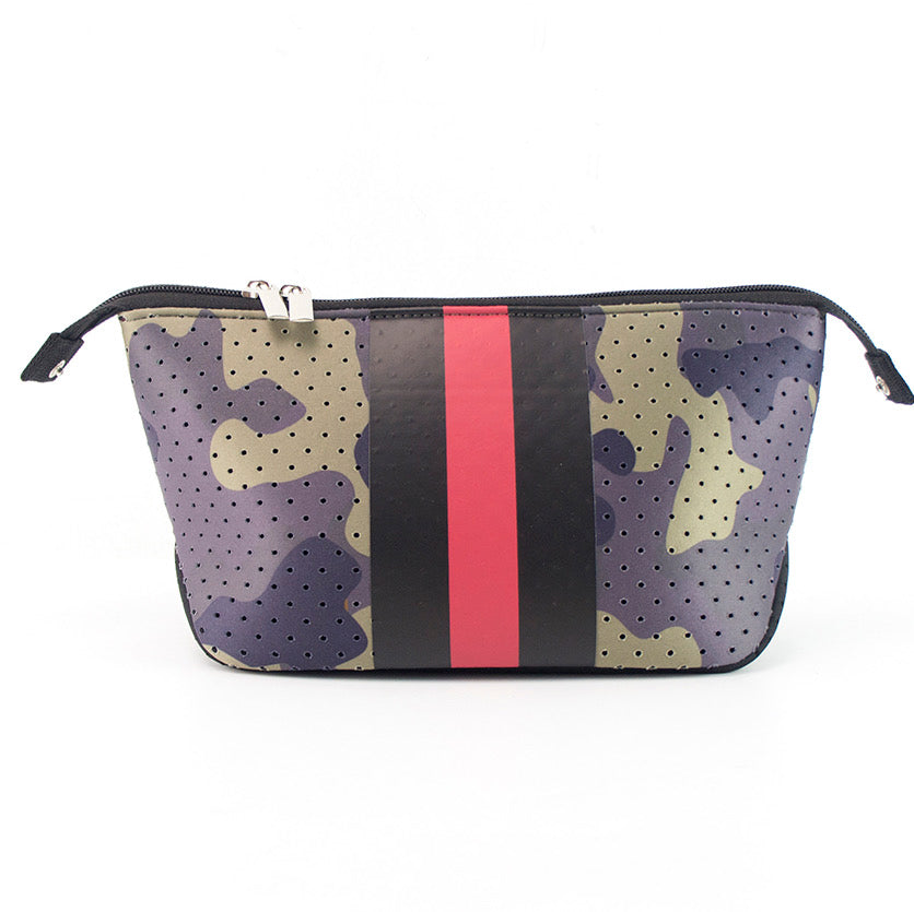 The Maria Neoprene Cosmetic Bag - Green Camo with Red & Black Stripe by Babs+Birdie