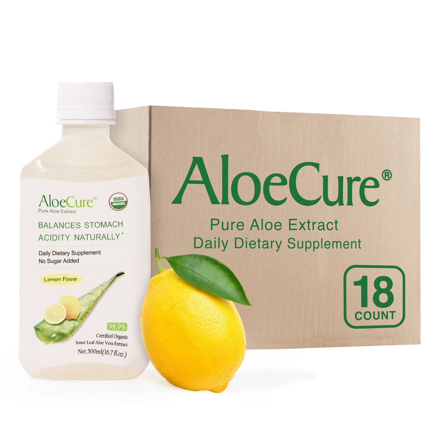 Pure Aloe Vera Juice Lemon Flavor - USDA Certified Organic by AloeCure