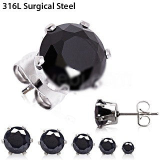 Pair of 316L Surgical Steel Black Round CZ Stud Earrings by Fashion Hut Jewelry