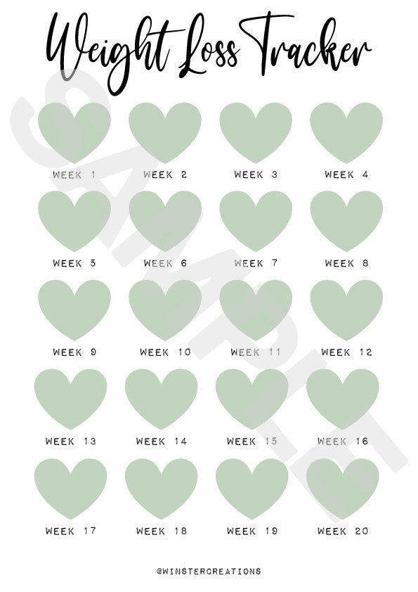 Weight Loss Tracker Sage Green Heart 20 Week Countdown A4 Weight Loss Diet Slimming Chart Tracker Print by WinsterCreations™ Official Store