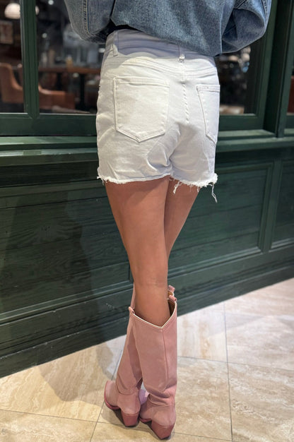 Pure White Distressed Denim Shorts by Pretty Little Patriot