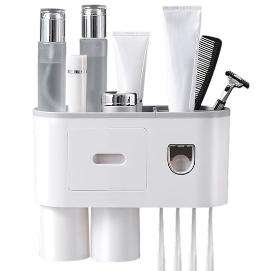 Wall Mount Toothbrush Holder with Automatic Toothpaste Dispenser - 4 Slots, Magnetic Cups - White - 2 Cups by VYSN