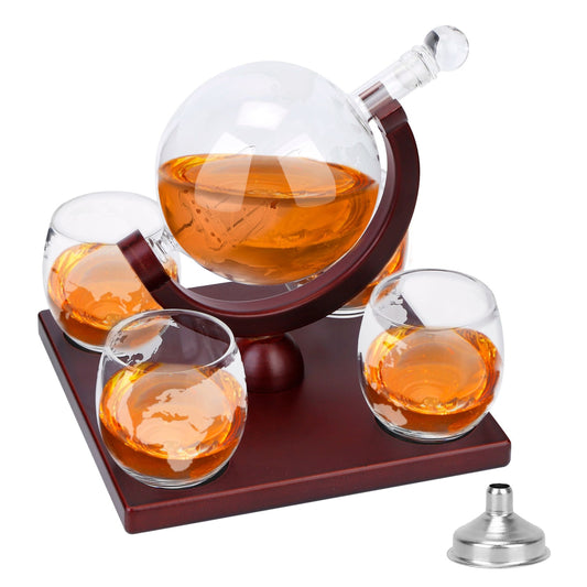 Whiskey Decanter Globe Set w/ 4 Glasses, Tray - Perfect Gift for Liquor, Scotch, Bourbon, Vodka - 8.45OZ - Black by VYSN