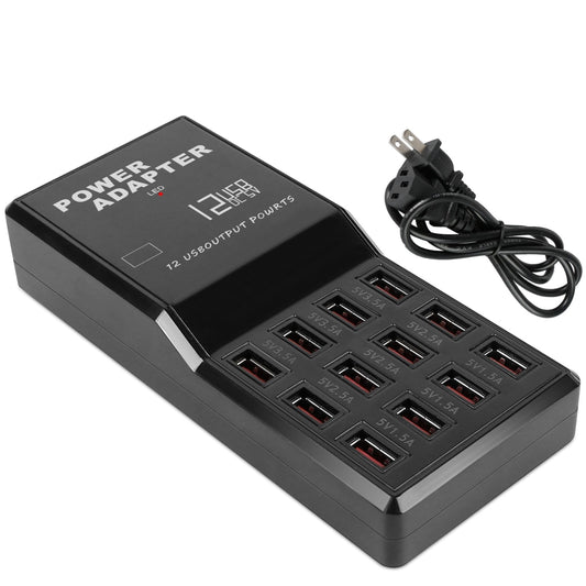 12 Port USB Charging Station Hub - Fast Charge for iPod iPhone - 60W - 3.74ft Power Cord - Black by VYSN