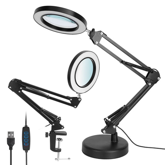 2-in-1 LED Magnifier Desk Lamp 8x with Light, Clamp Stand, Swing Arm, USB Reading Lamp. 10 Brightness, 3 Modes - Black by VYSN