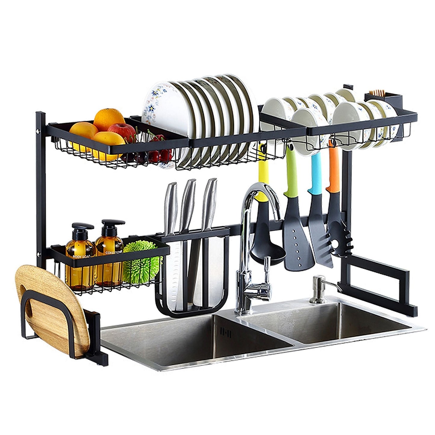 2-Tier Sink Dish Drying Rack, Stainless Steel, 33.7", Large Drainer & Utensil Organizer, Kitchen Countertop Dish Rack - Black by VYSN