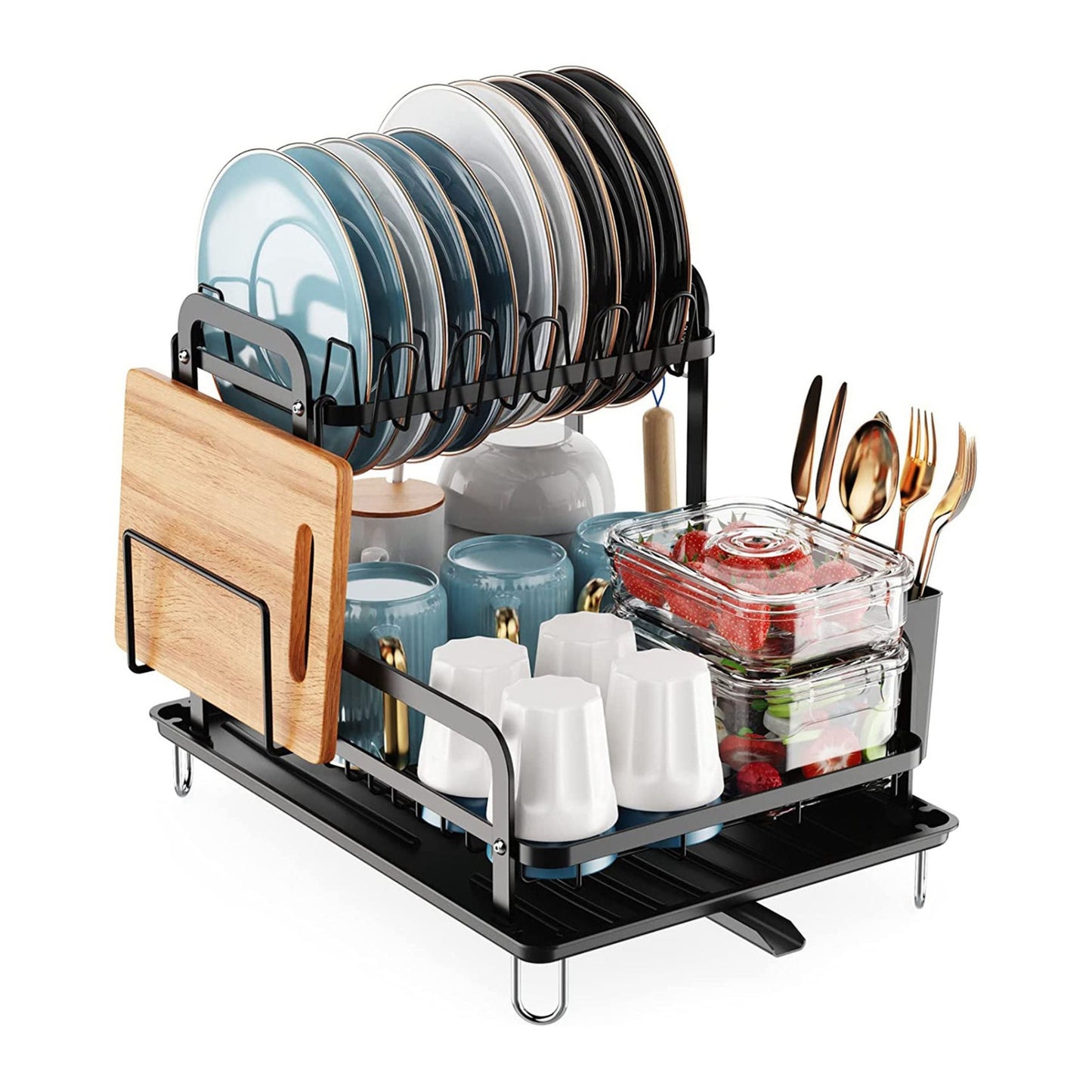 2-Tier Kitchen Dish Drying Rack w/ Detachable Drainboard - Rustproof Organizer Set incl. Utensil Holder. Space Saver! - Black by VYSN