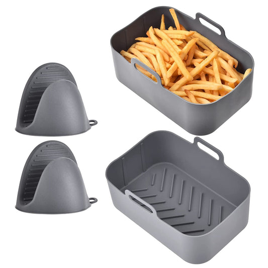 Reusable Air Fryer Silicone Pot for 6-8 Quart Oven, Rectangle Shape, Includes 2 Basket Pans, Parchment Liner Replacement & 1 Pair of Mittens - Gray by VYSN