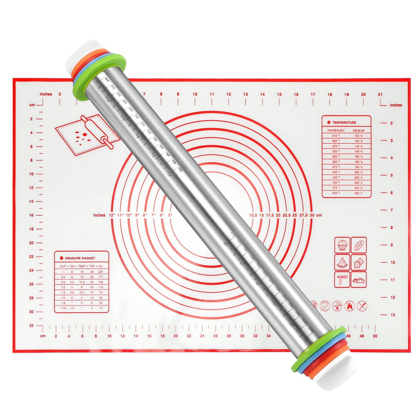 Stainless Steel Rolling Pin with 4 Adjustable Rings, Rolling Mat - Baking Pizza, Fondant & Pie - 150 characters. - Red by VYSN