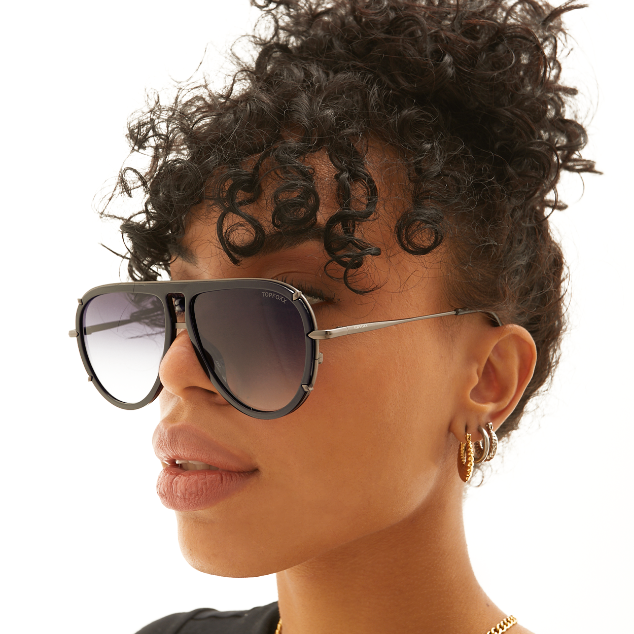 Ivy Luxe - Black Tangle-Free Round Aviator Sunglasses by TopFoxx