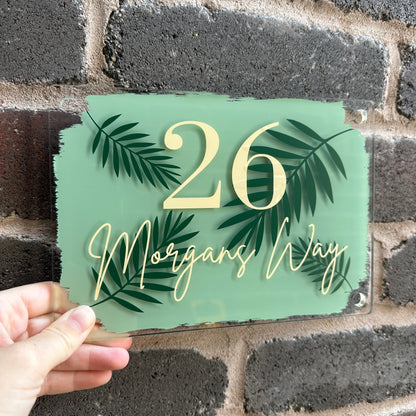 Sage Green Palm Leaf Design House Name/Number High Quality Acrylic Outdoor Or Inside Sign Including Fixtures & Standoffs - Assorted Colours & Fonts (See Images) by WinsterCreations™ Official Store