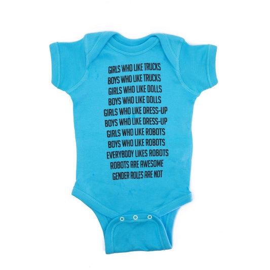 GetBullish Robot Gender Roles Feminist Baby Bodysuit in Bright Aqua | Hand Silk-Screened by The Bullish Store