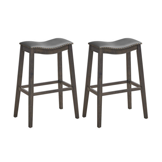 29 Inch Set of 2 Backless Wood Nailhead Barstools with PVC Leather Seat-Gray by VYSN