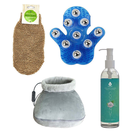 Weekend Wellness Bundle: Palm Massage Glove, Heated Foot Massager, Coconut Oil & Exfoliating Bath Glove by Pursonic