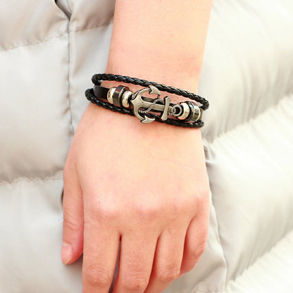 Multi Layer Vegan Leather Bracelet With Anchor by Onetify