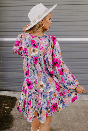 Multicolour Floral Tie Neck Bubble Sleeve Shift Dress by Pretty Little Patriot