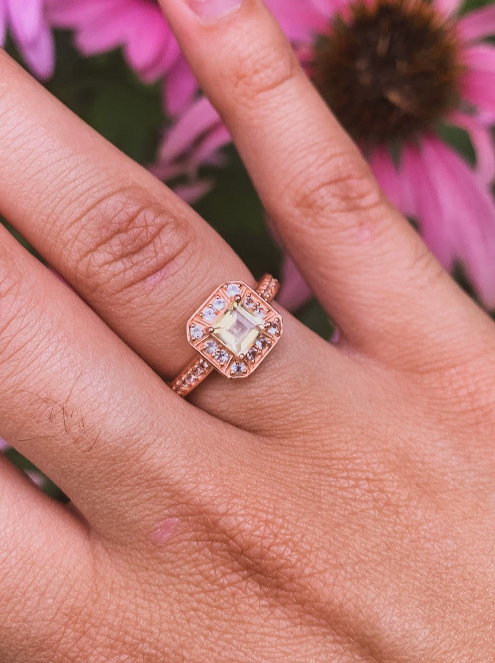 Rose Gold, Citrine and Zircon Pave Cushion Cut Ring by Ash & Rose