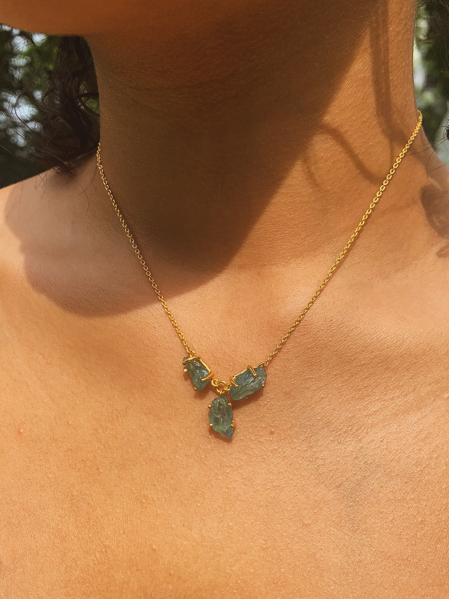 Three-Pronged Raw Apatite Gold Necklace by Ash & Rose