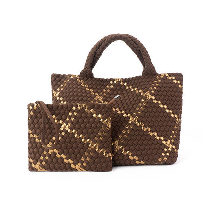 The Charli | Large Woven Neoprene Tote with Wristlet | Cocoa with Gold Stripe by Babs+Birdie