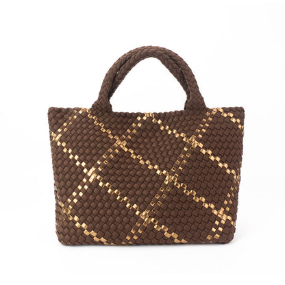 The Charli | Large Woven Neoprene Tote with Wristlet | Cocoa with Gold Stripe by Babs+Birdie