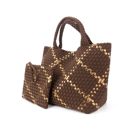 The Charli | Large Woven Neoprene Tote with Wristlet | Cocoa with Gold Stripe by Babs+Birdie