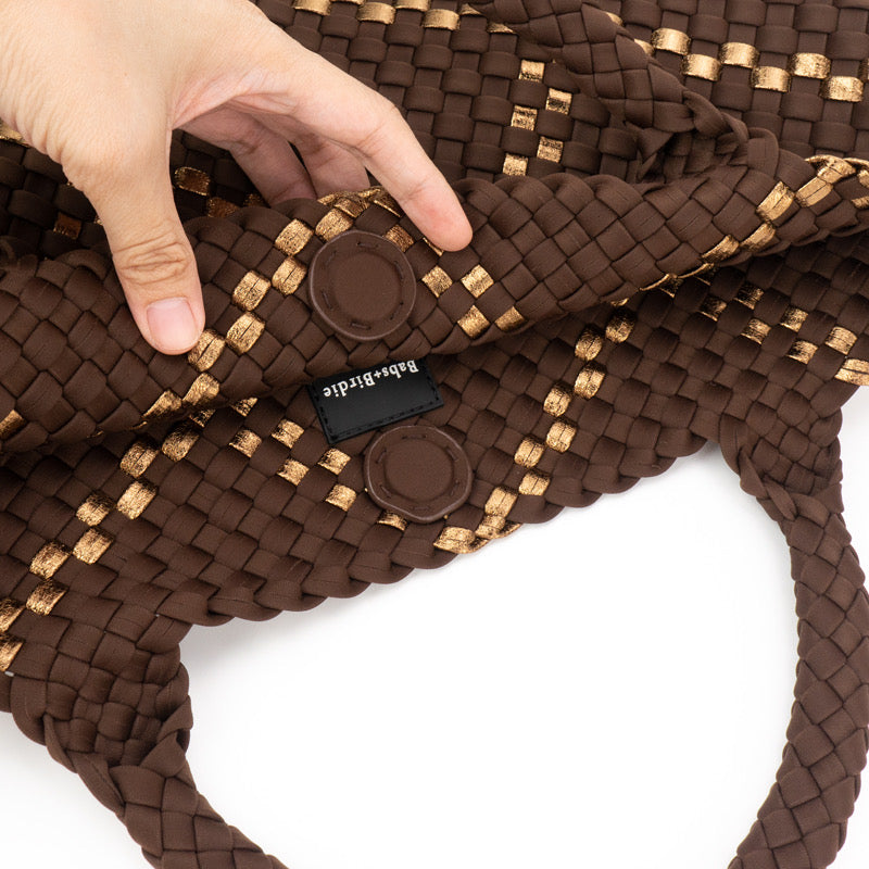 The Charli | Large Woven Neoprene Tote with Wristlet | Cocoa with Gold Stripe by Babs+Birdie