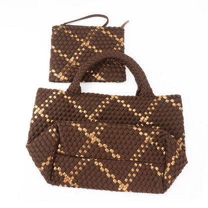 The Charli | Large Woven Neoprene Tote with Wristlet | Cocoa with Gold Stripe by Babs+Birdie