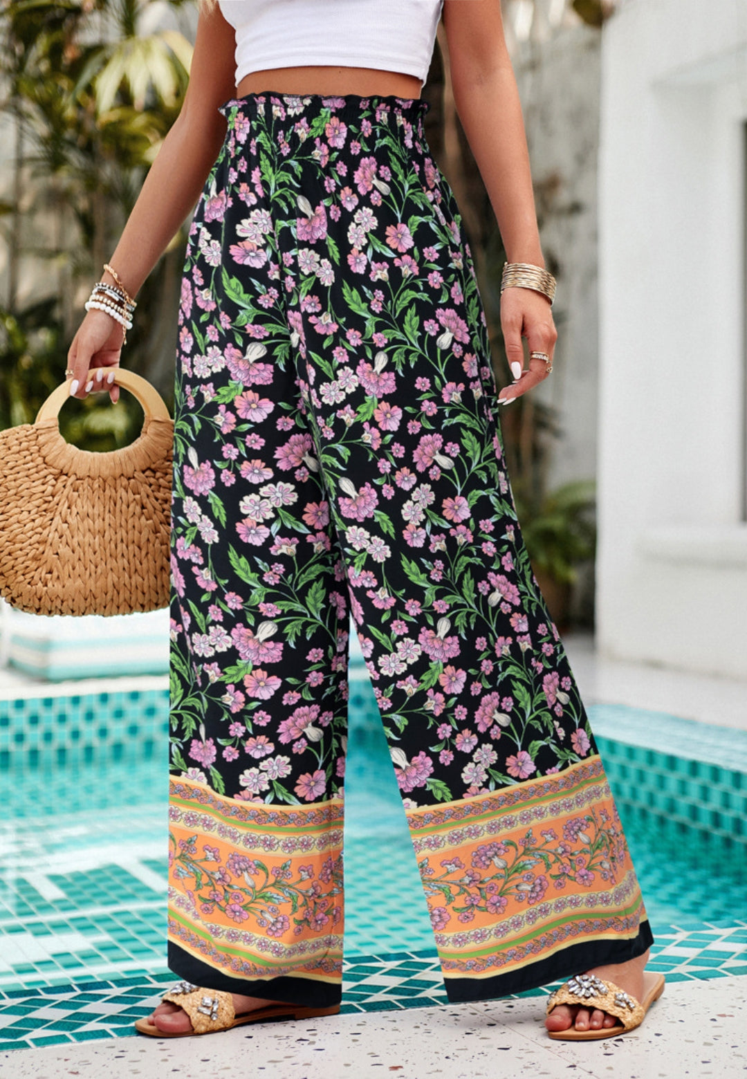 Shirred High Waist Floral Boho Pants by migunica