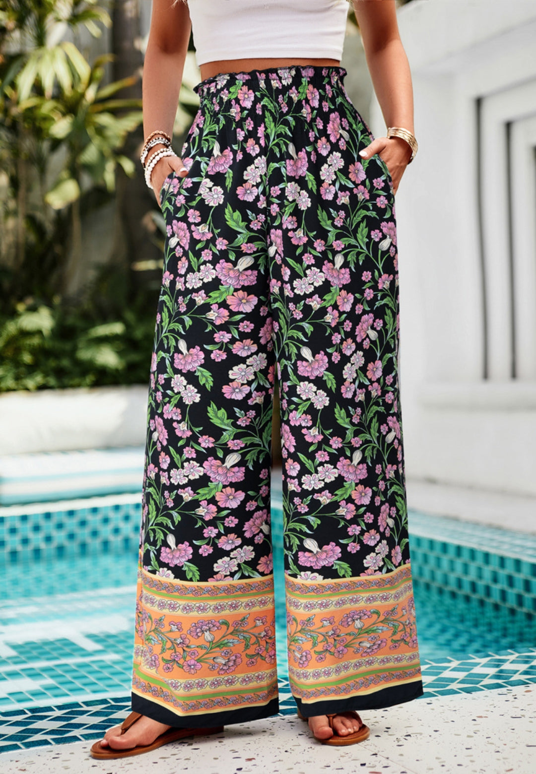 Shirred High Waist Floral Boho Pants by migunica