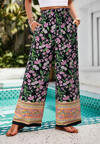 Shirred High Waist Floral Boho Pants by migunica