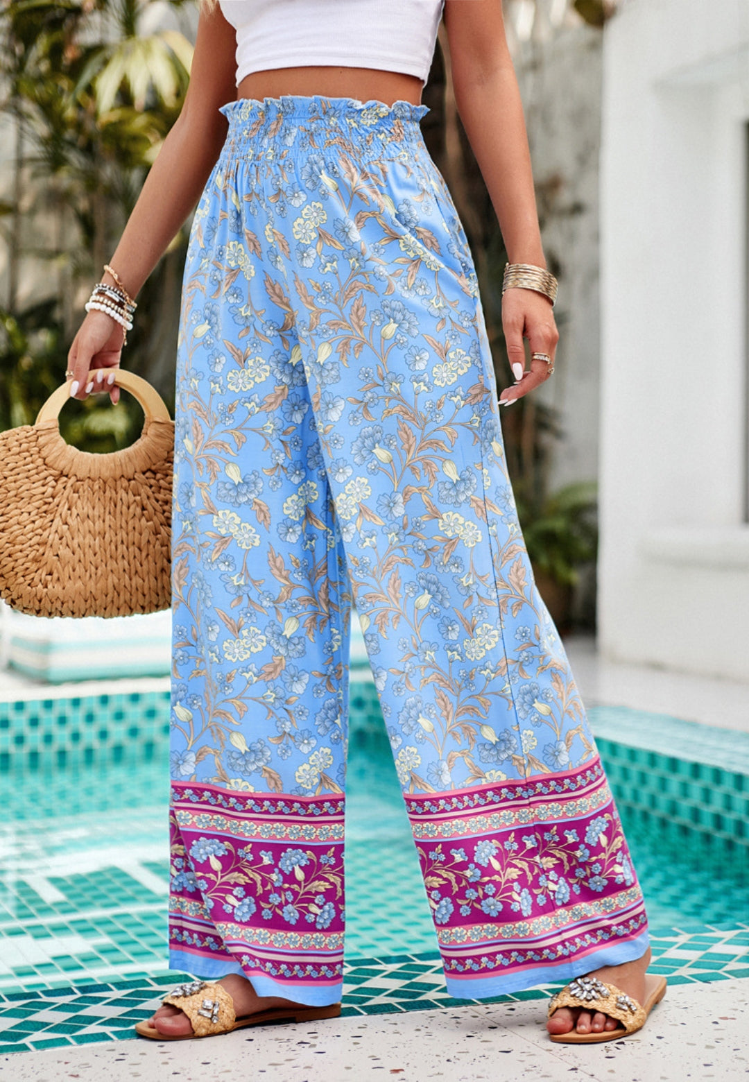 Shirred High Waist Floral Boho Pants by migunica