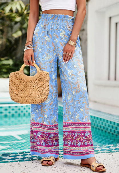 Shirred High Waist Floral Boho Pants by migunica