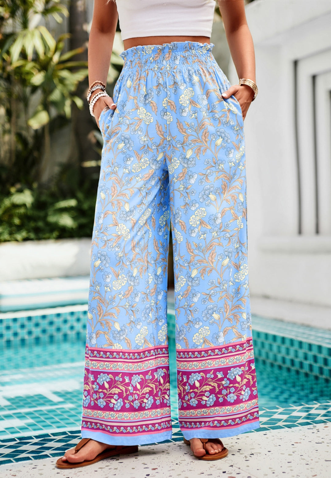 Shirred High Waist Floral Boho Pants by migunica