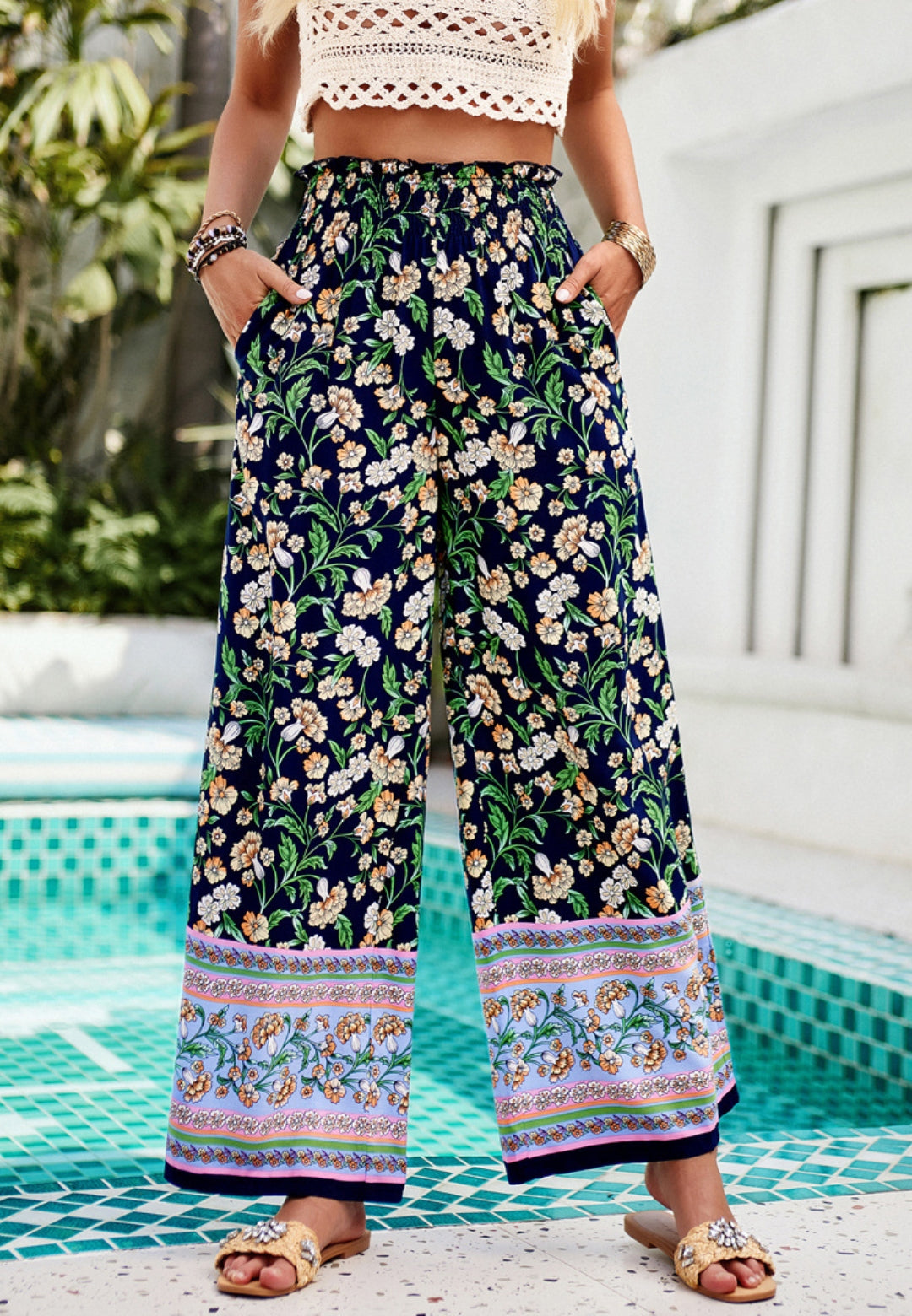 Shirred High Waist Floral Boho Pants by migunica