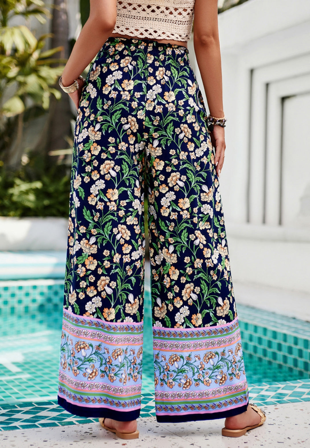 Shirred High Waist Floral Boho Pants by migunica