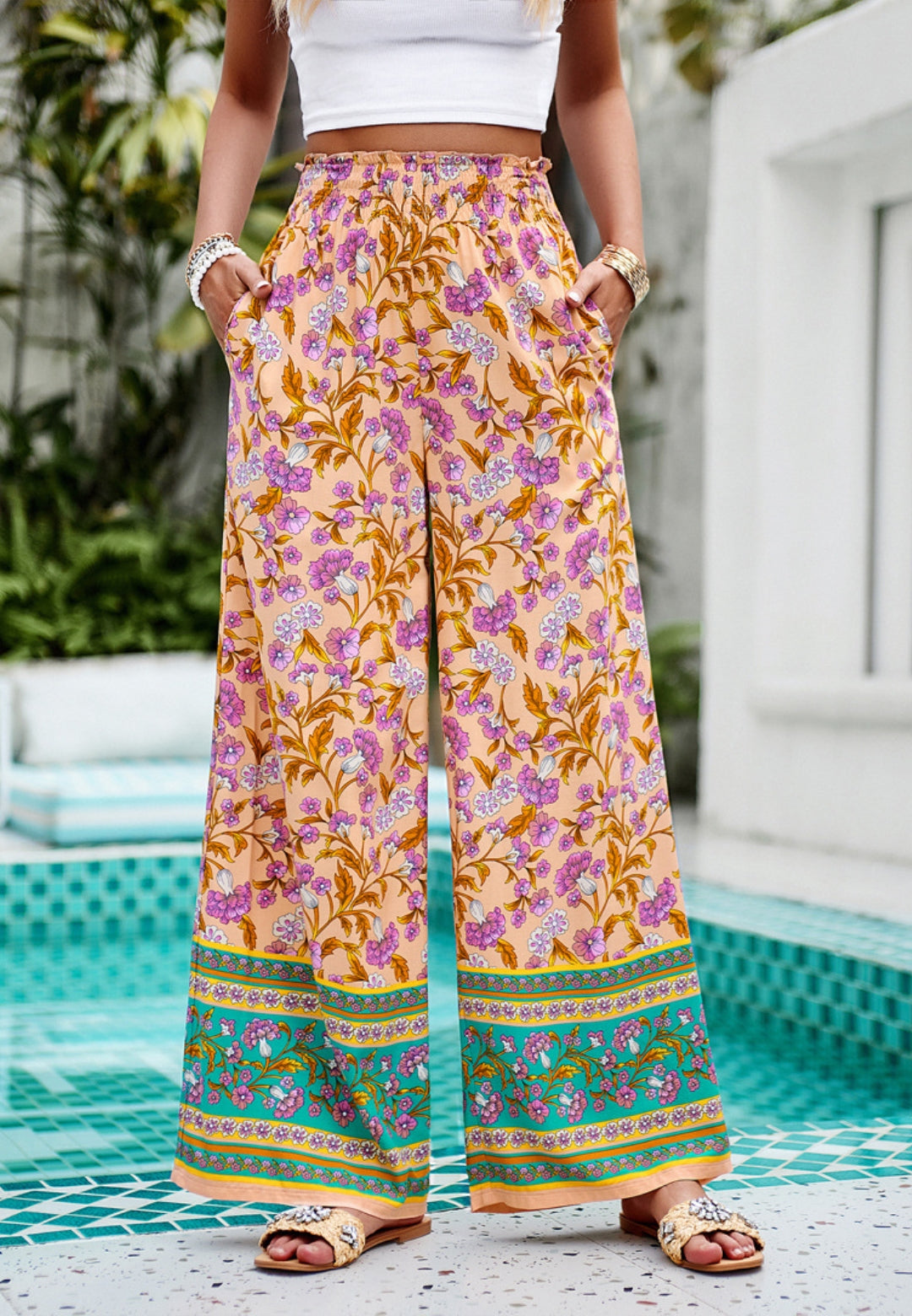 Shirred High Waist Floral Boho Pants by migunica