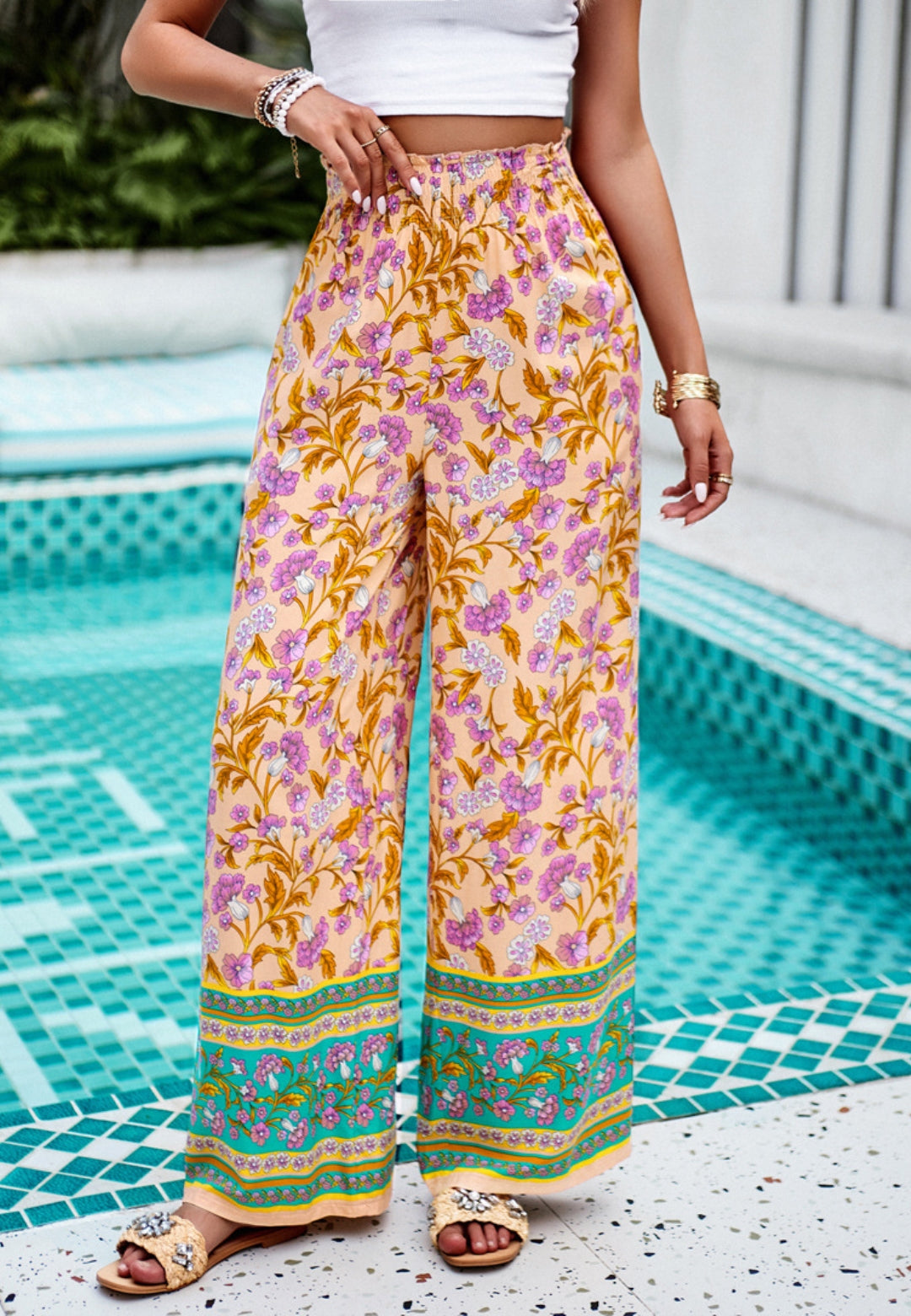 Shirred High Waist Floral Boho Pants by migunica