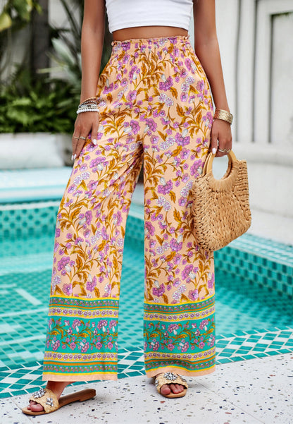 Shirred High Waist Floral Boho Pants by migunica