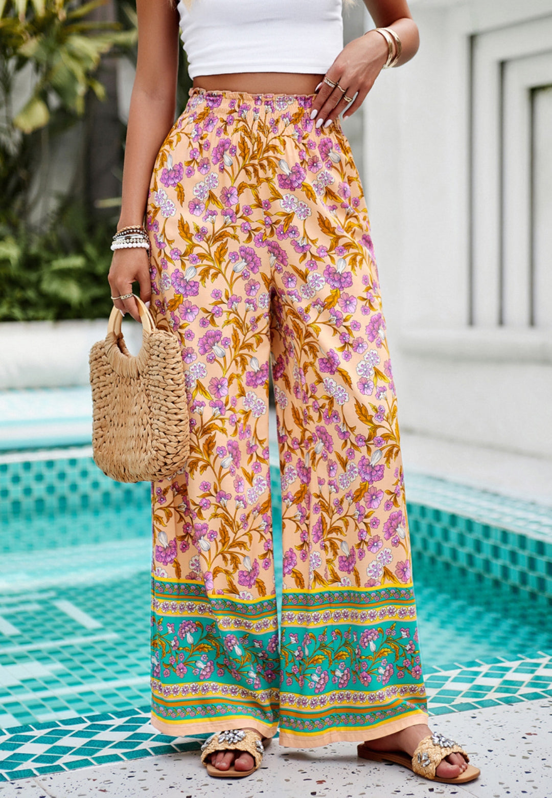 Shirred High Waist Floral Boho Pants by migunica