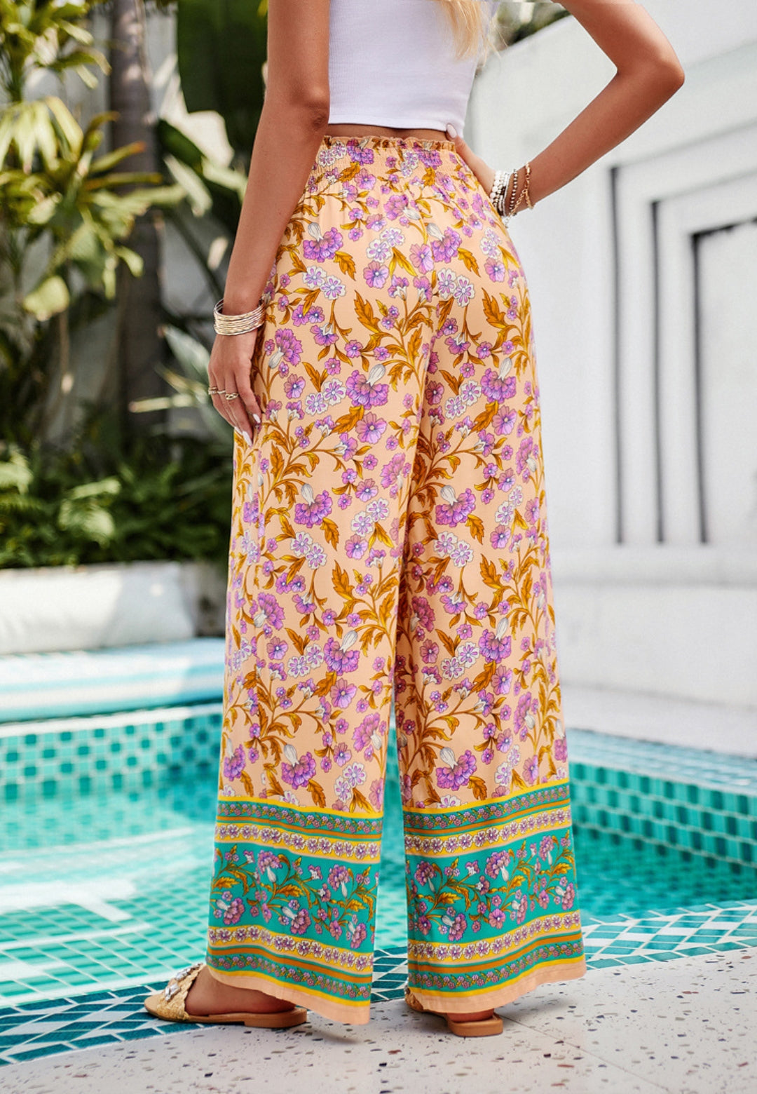 Shirred High Waist Floral Boho Pants by migunica