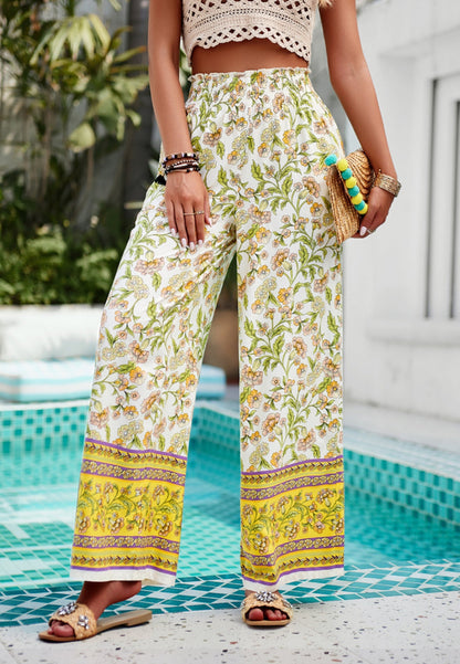 Shirred High Waist Floral Boho Pants by migunica