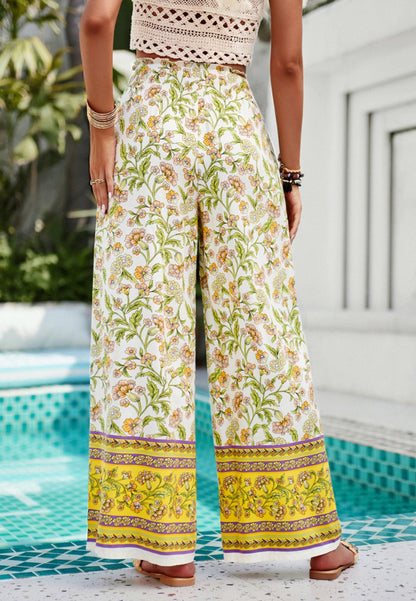 Shirred High Waist Floral Boho Pants by migunica