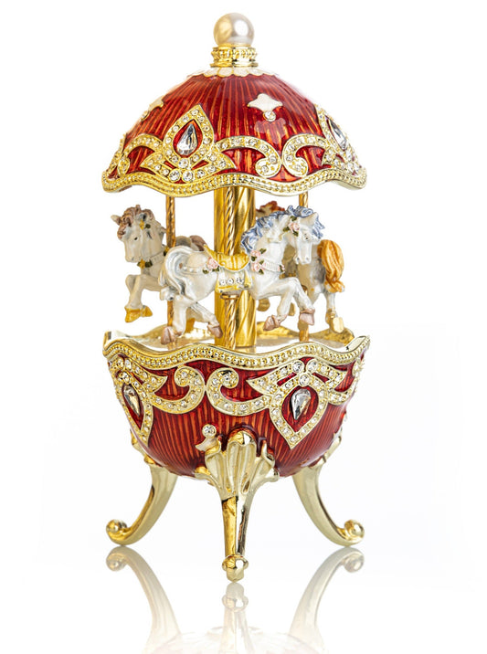 Red Wind up Horse Carousel Faberge Style Egg by Keren Kopal