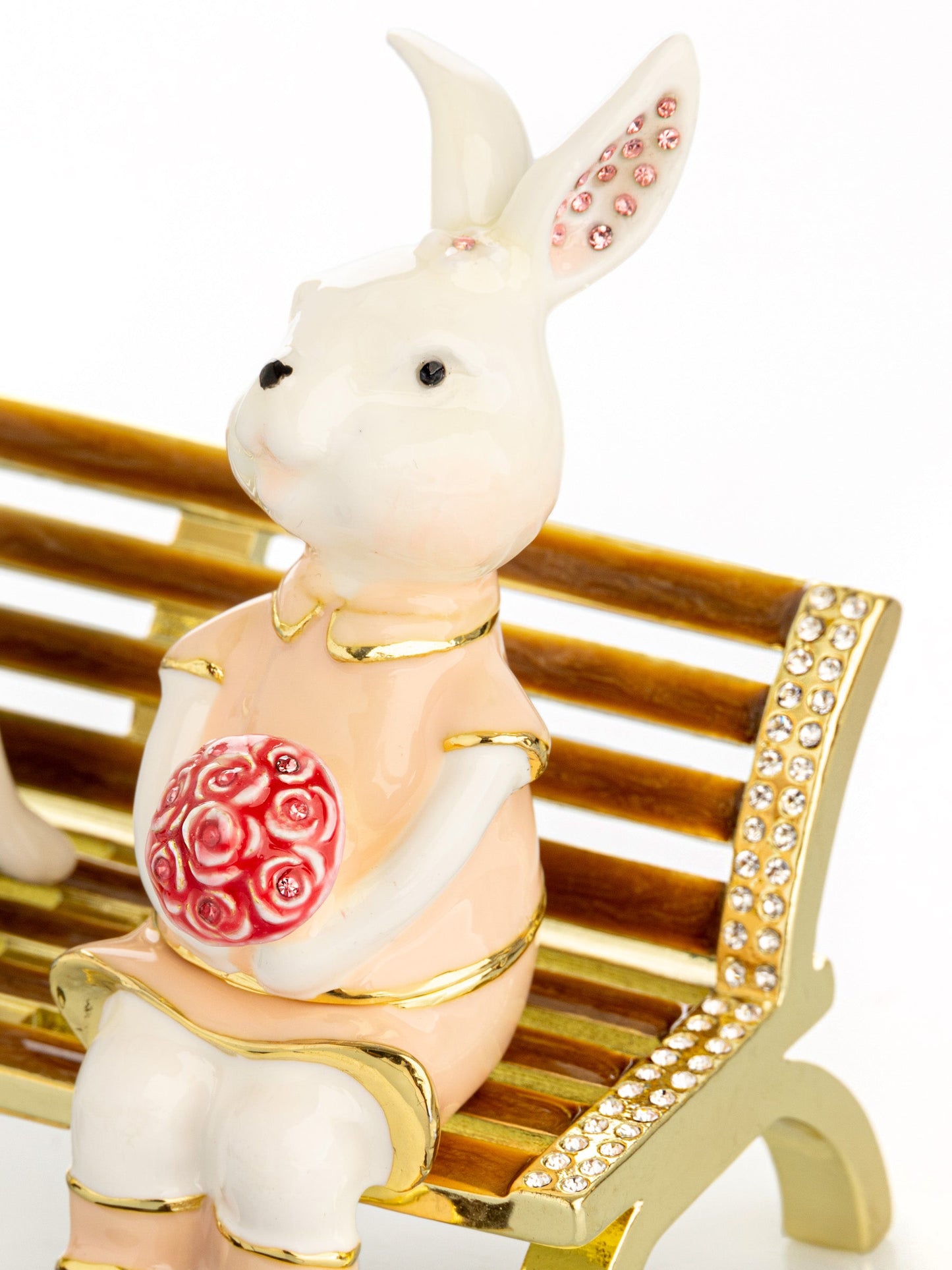 2 bunnies in love sitting on a bench, valentine flowers and chocolates by Keren Kopal