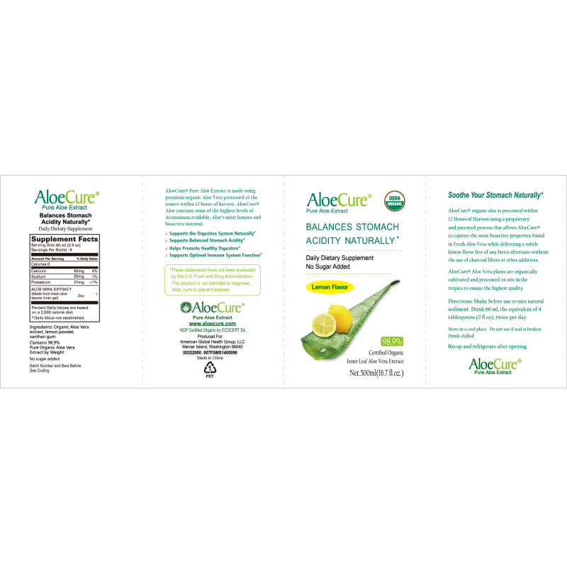 Pure Aloe Vera Juice Lemon Flavor - USDA Certified Organic by AloeCure