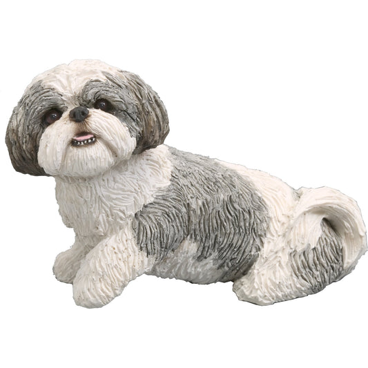 Sandicast "Mid Size" Sitting Silver & White Shih Tzu Dog Sculpture by Present Paper