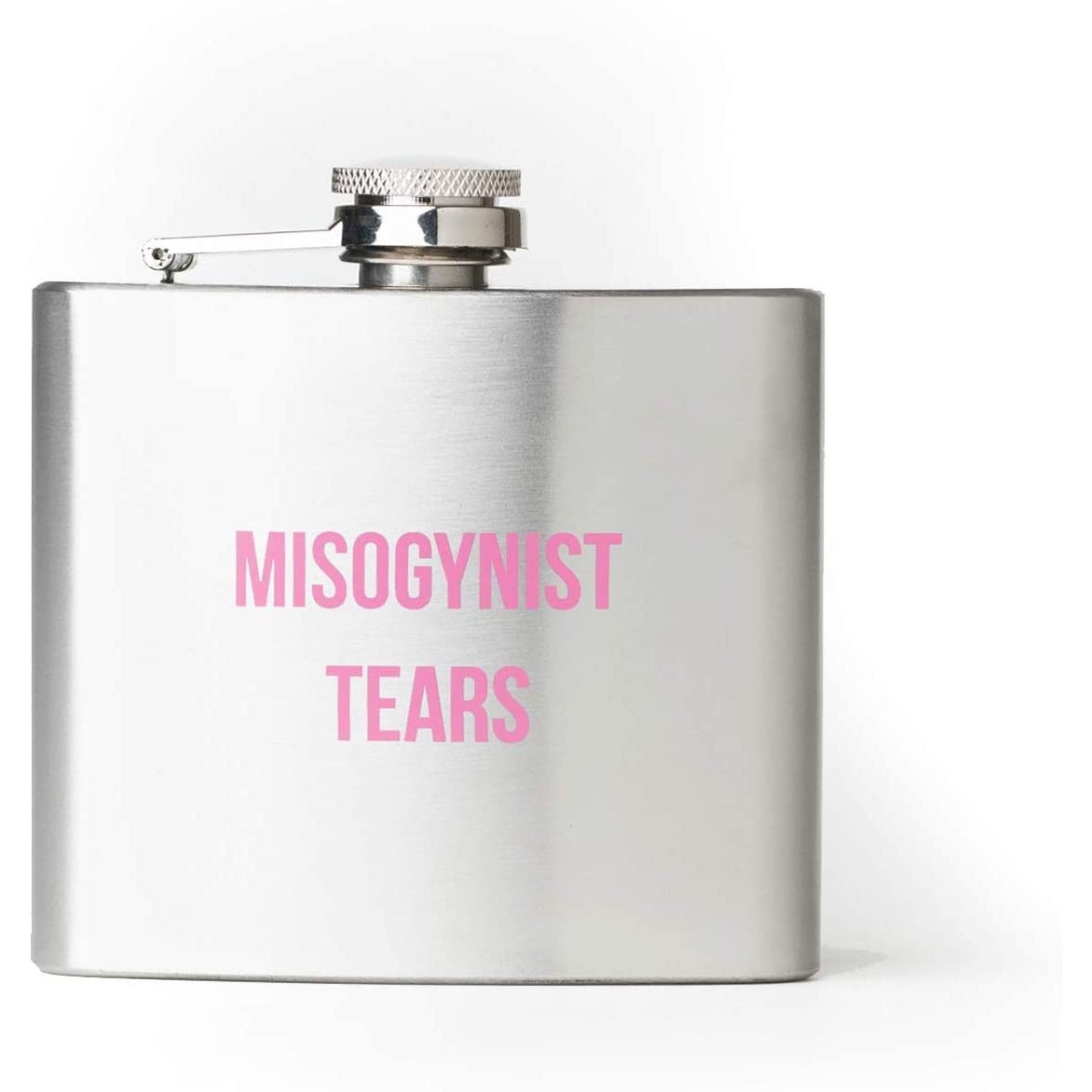 Misogynist Tears Flask in Silver with Pink Lettering | Gift for Her by The Bullish Store