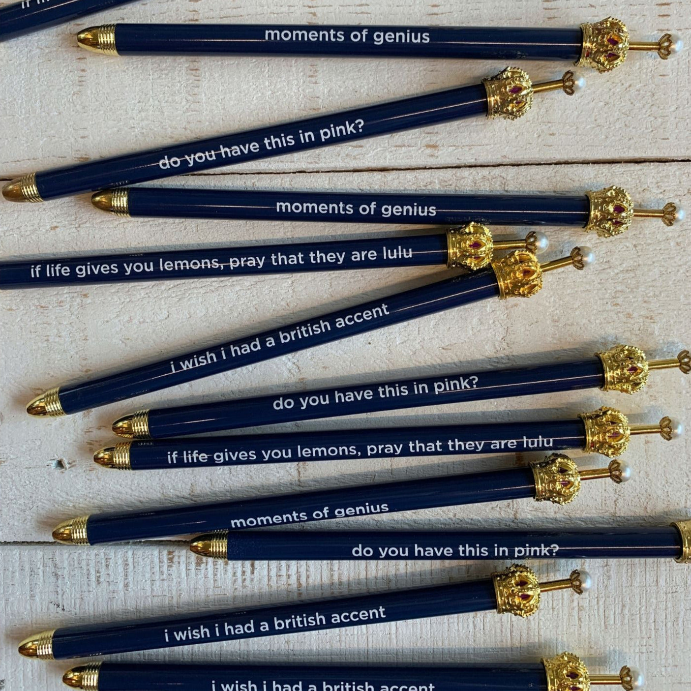 Moments of Genius Navy Blue Crown Pen Set of 12 | Giftable Quote Pens | Novelty Office Desk Supplies by The Bullish Store